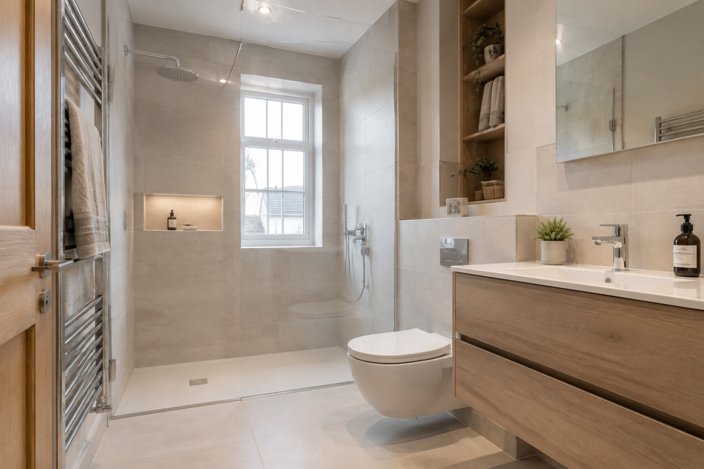Walk-in shower room with large format tiles, wall-hung WC and oak vanity, South East London