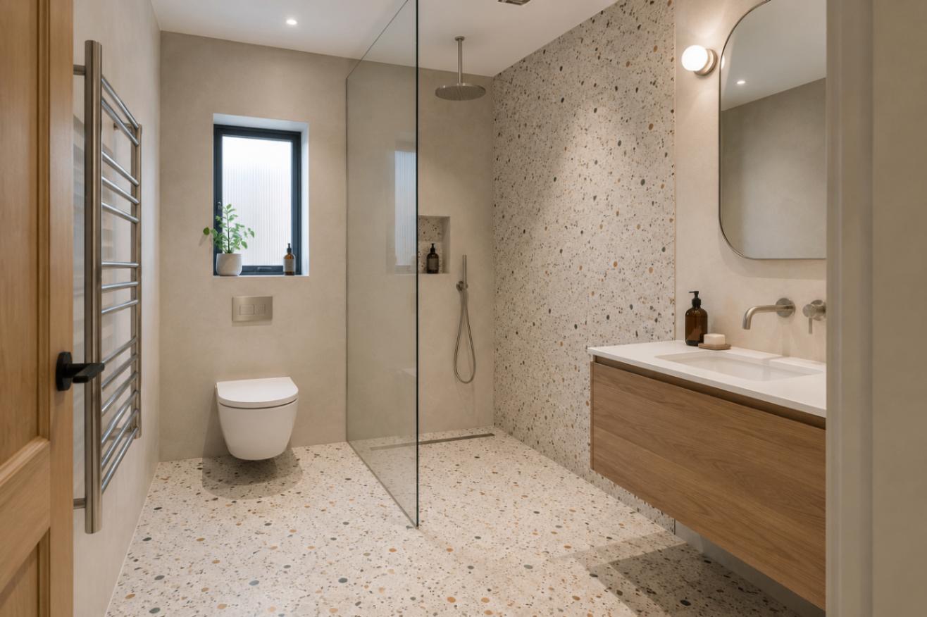 Contemporary terrazzo wet room with wall-hung WC and floating oak vanity, London