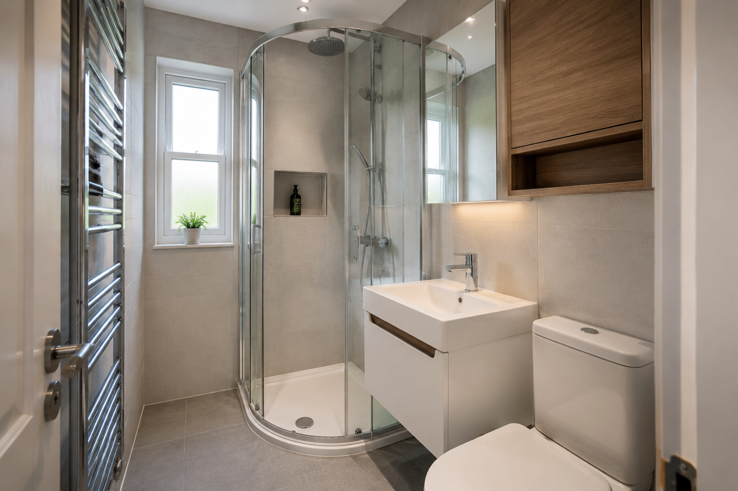 Compact en-suite with quadrant shower enclosure and wall-hung basin unit, Kent