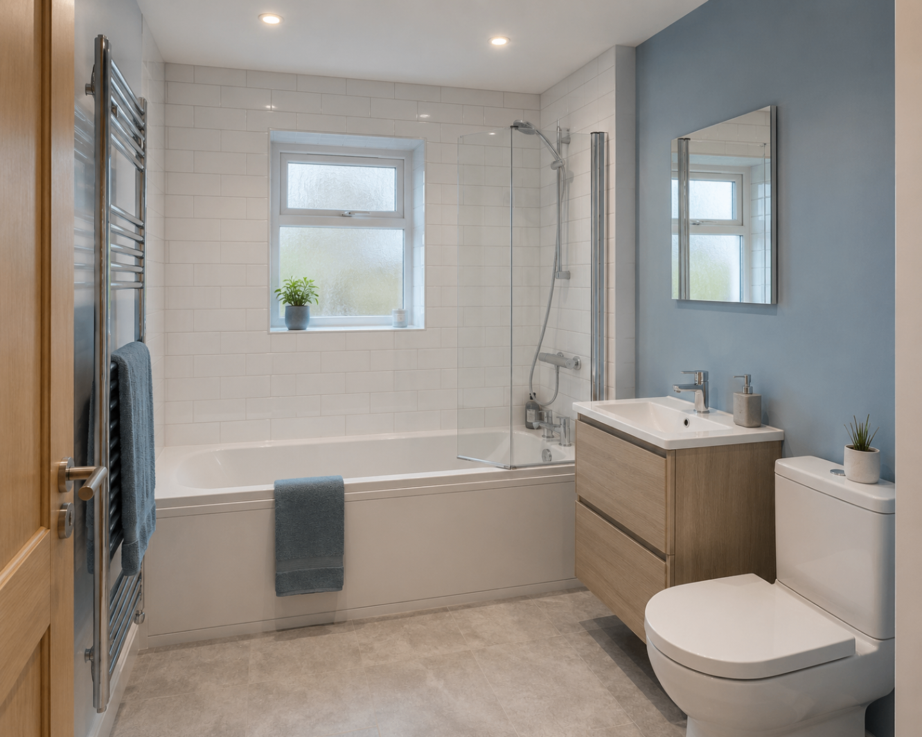 Modern bathroom with blue feature wall, oak vanity unit and chrome heated towel rail, London
