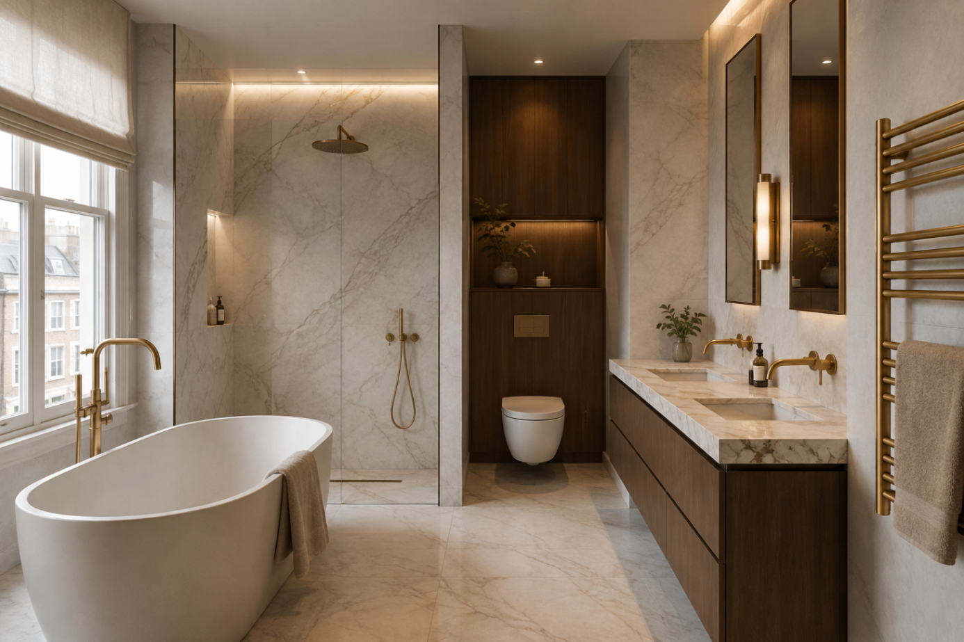High-end marble bathroom with brushed brass fittings and freestanding bath, Central London