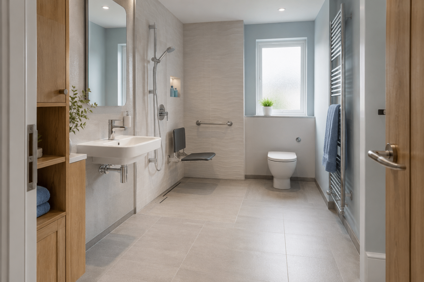 Accessible wet room with level-access shower, grab rails and fold-down seat, Kent