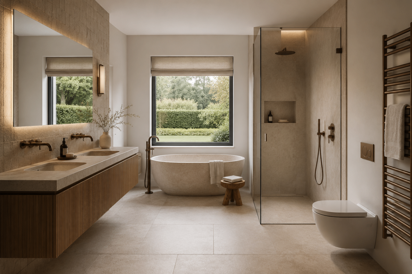 Luxury stone bathroom with freestanding bath, double vanity and walk-in shower, Kent