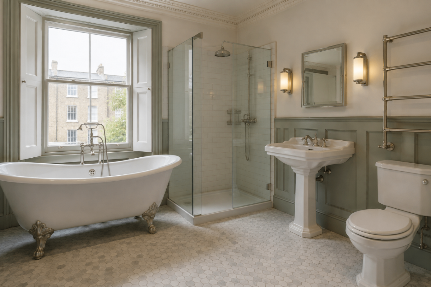 Classic period bathroom with roll-top bath, corner shower enclosure and pedestal basin, Central London