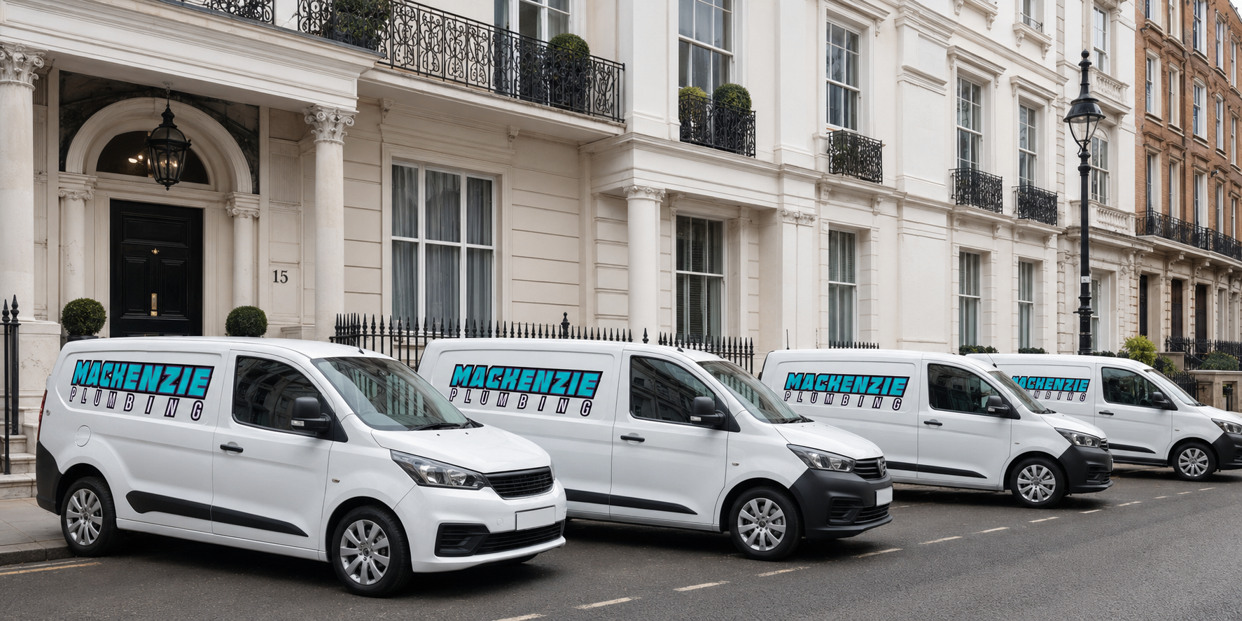 Mackenzie Plumbing fleet of white vans parked on a London street