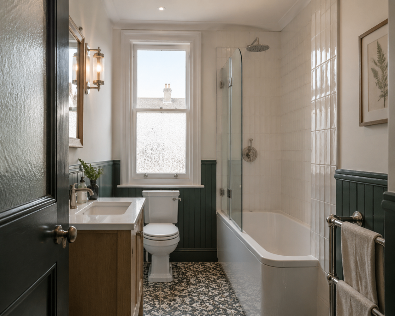 Period bathroom installation with dark green panelling, patterned floor tiles and a bath shower screen, South East London