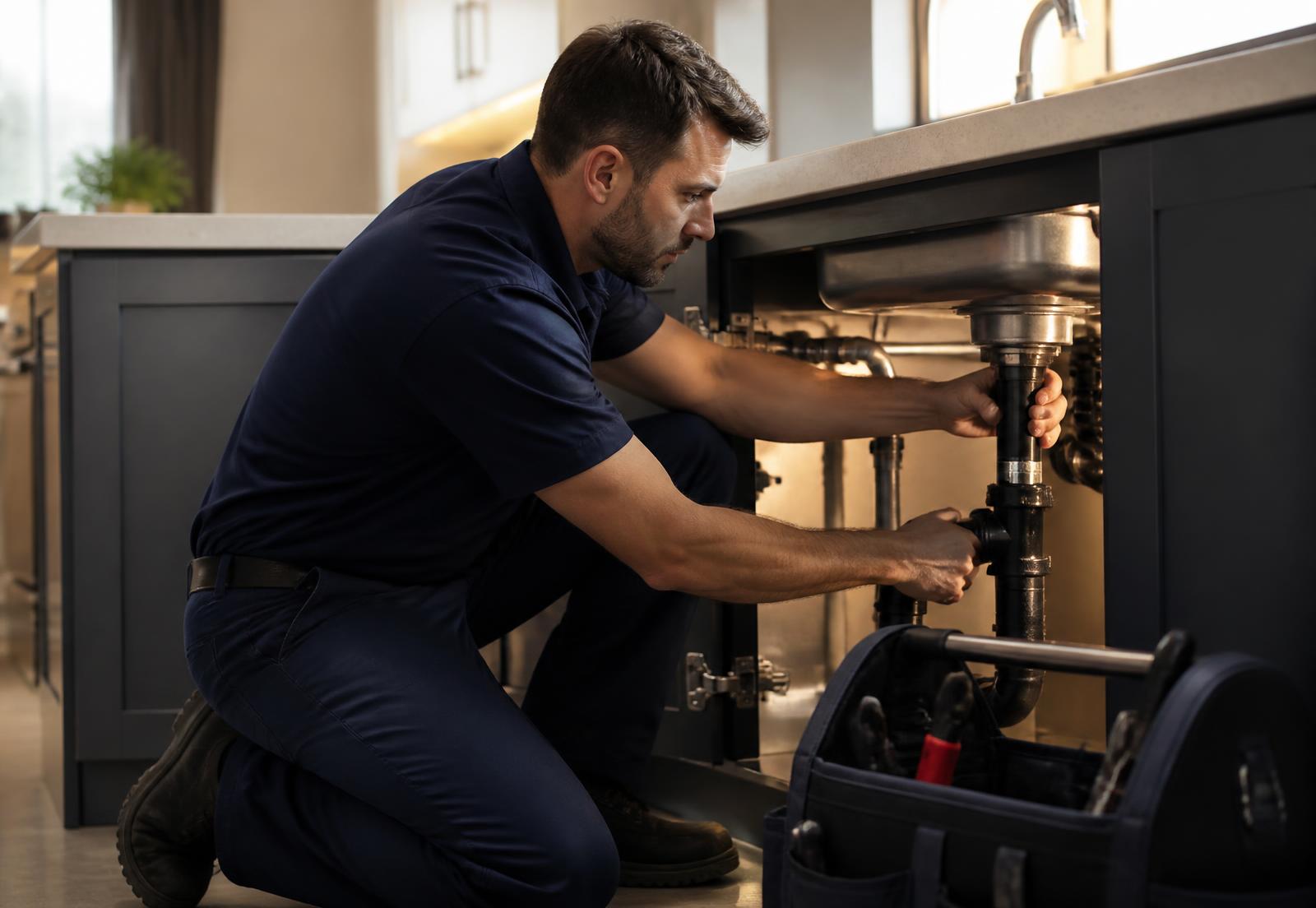 Plumber repairing pipework under a kitchen sink